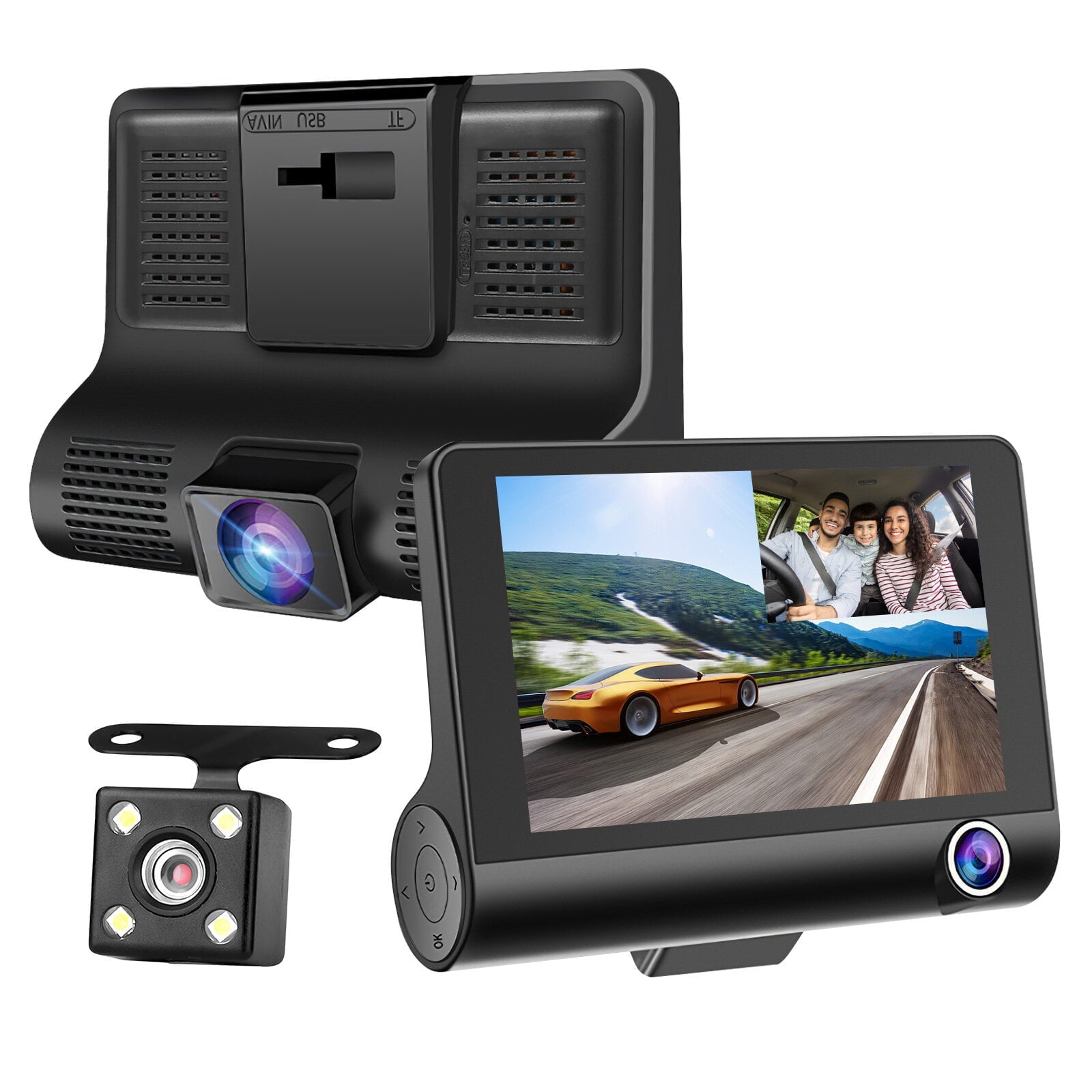 3 Channel Dash Cam Front and Rear Inside, 1080P Dash Camera for Cars, Dashcam Three Way Triple Car Camera with IR Night Vision, Loop Recording, G-Sensor, Parking Monitor, 24 Hours Recording