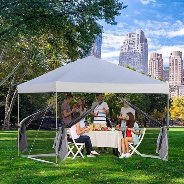 10 ft. x 10 ft. White Folding Pop-Up Canopy with Removable Sidewalls Mesh Curtains Carrying Bag