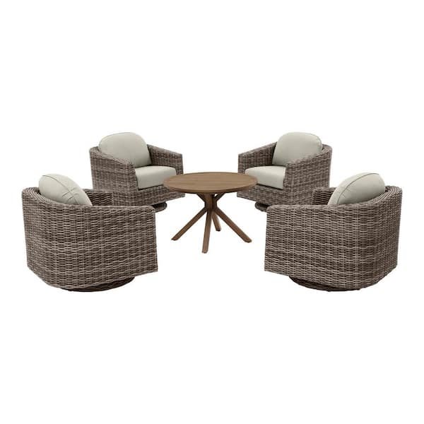 Avondale 5-Piece Swivel Aluminum and Steel Wicker Outdoor Patio Conversation Set with Sunbrella Cast Ash Cushions
