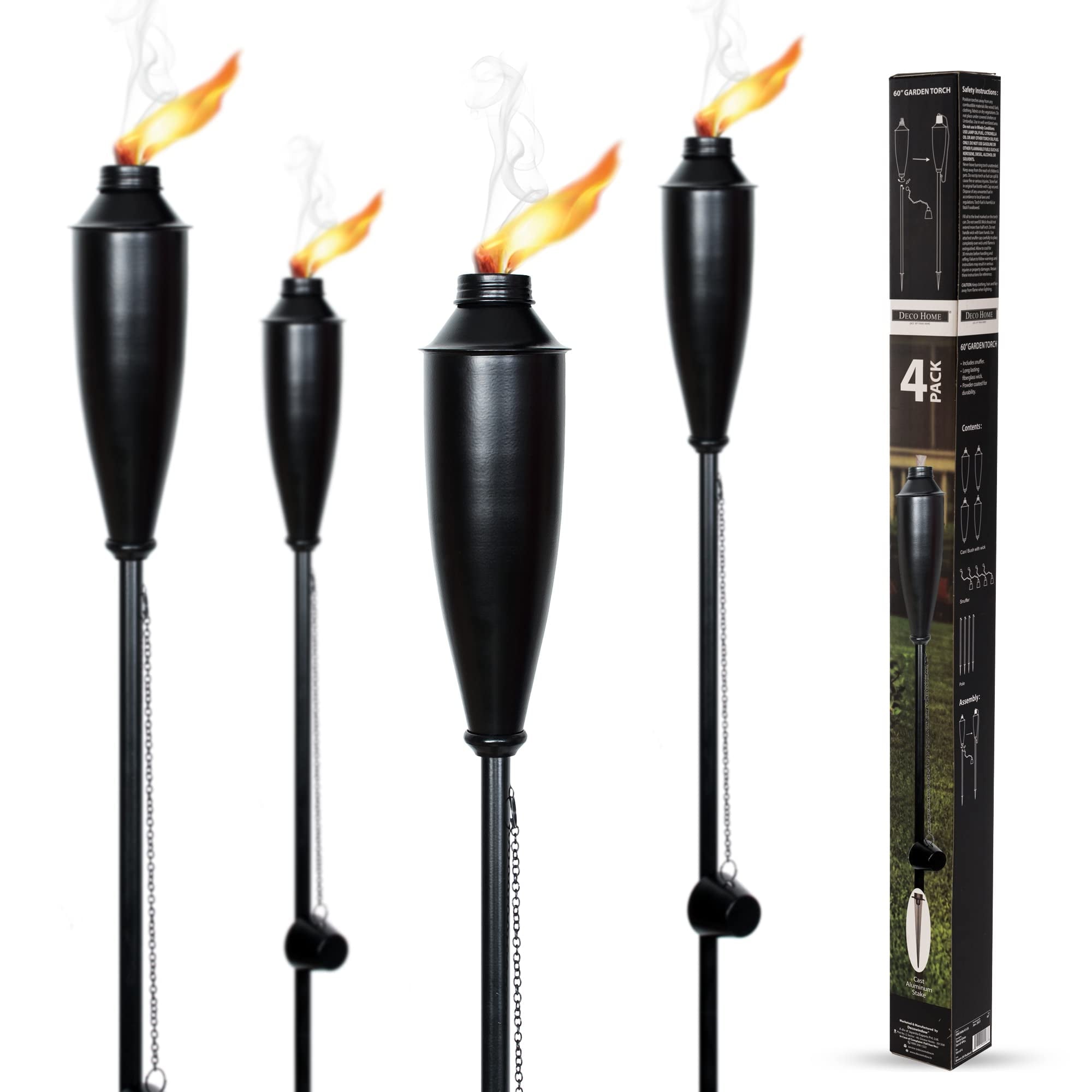 Deco Home Set of 4 Garden Tiki Torch Citronella Metal Garden Torch for Outside (60 inch Height, Black)