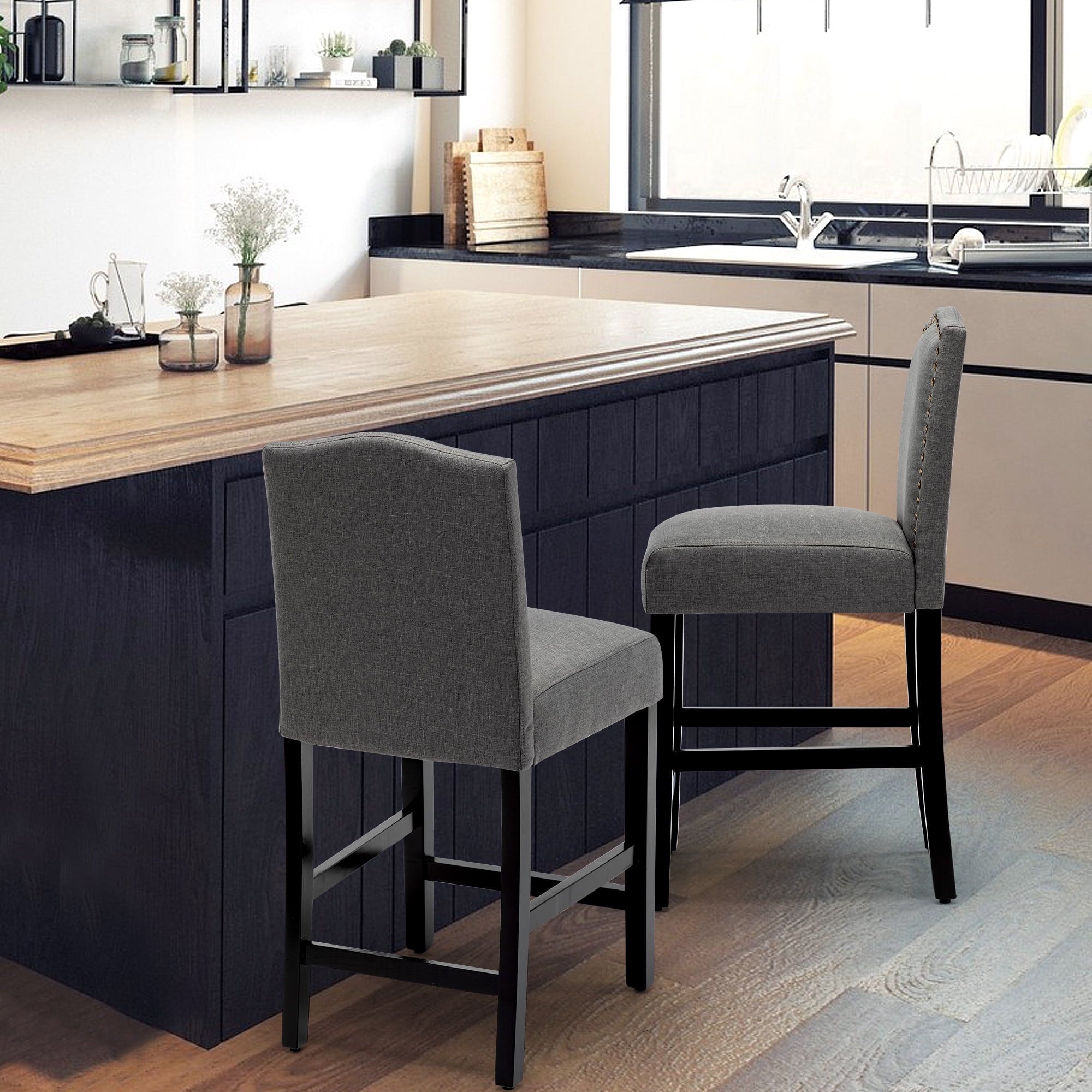 Wooden Counter Height Fabric Upholstered Bar Stool with Nail Head Trim, Gray, Set of 2