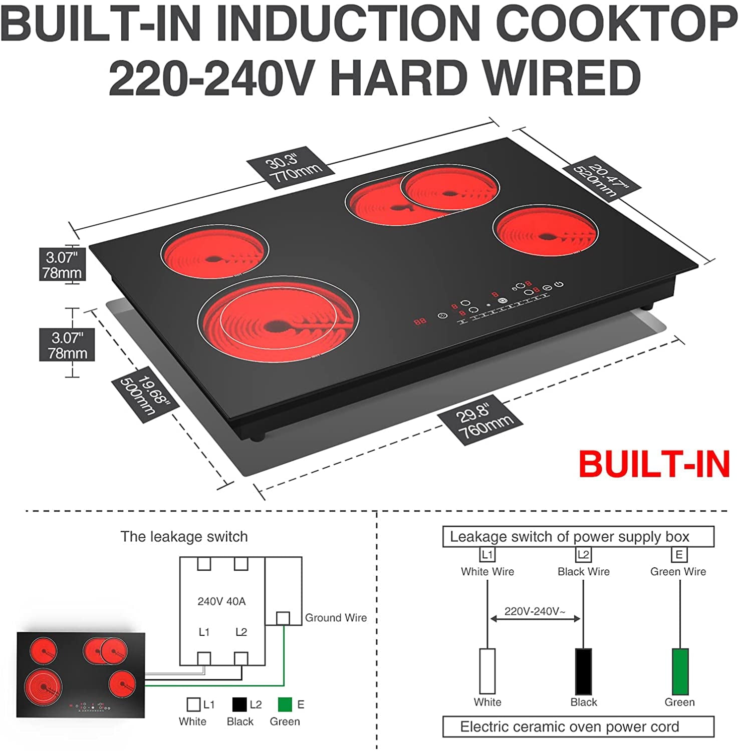 Electric Cooktop, 30 Inch Built-in Electric Stove, 6800W Ceramic Cooktop, 9 Heating Level Overheat Protection with Touch Screen, Timer & Safety Lock
