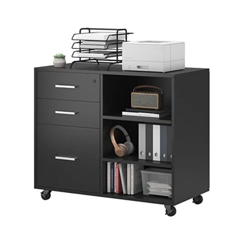 JUMMICO 3 Drawer Mobile File Cabinet, Wood Lateral Filing Cabinet with Lock, ...