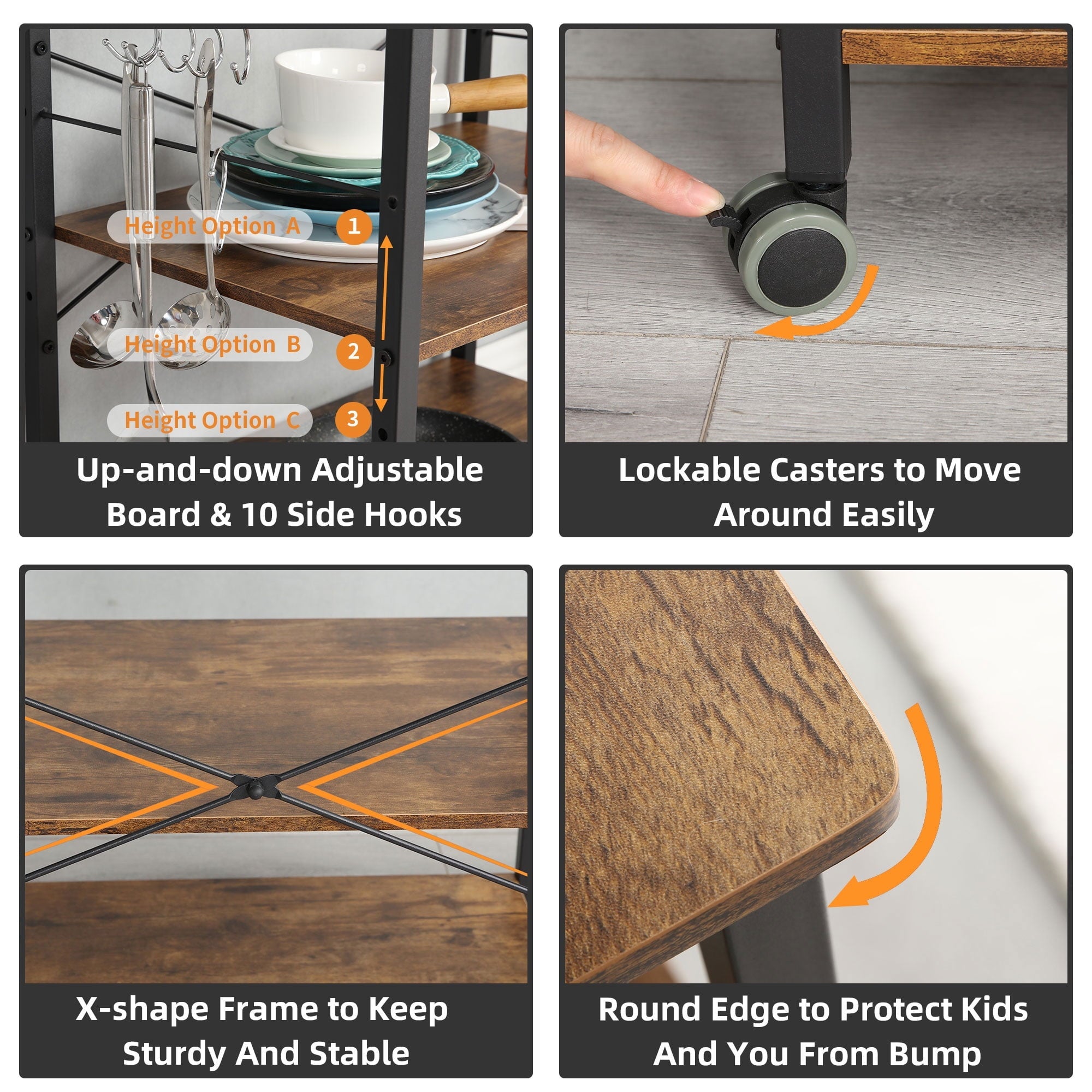 Baker's Rack 23.6 Inch Utility 3 Tier Microwave Stand, Rustic Brown