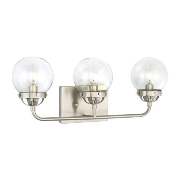 Bryce 21.75 in. 3-Light Brushed Nickel Modern Industrial Bathroom Vanity Light with Clear Round Globe Glass Shades