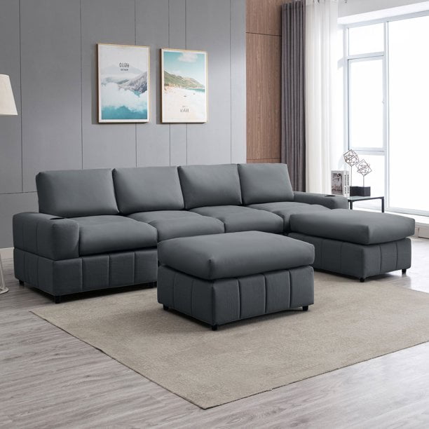 BALUS Modern U/L Shape Faux Leather Sectional Sofa, Modular Tufted Lounge Couch Set with Ottomans, Modern Upholstered Furniture for Living Room, Light Gray