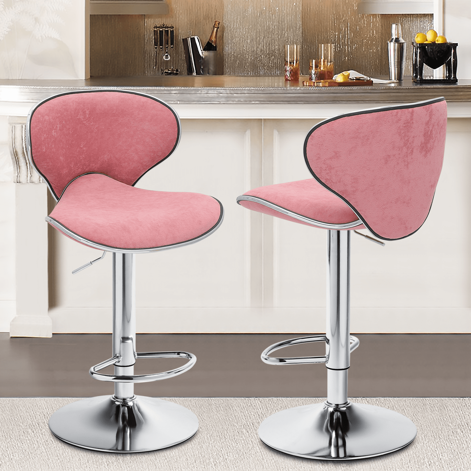 Magshion Velvet Adjustable Counter Height Bar Stools Set of 2, Swivel Kitchen Counter Island Dining Chairs with Curved Back, Pink