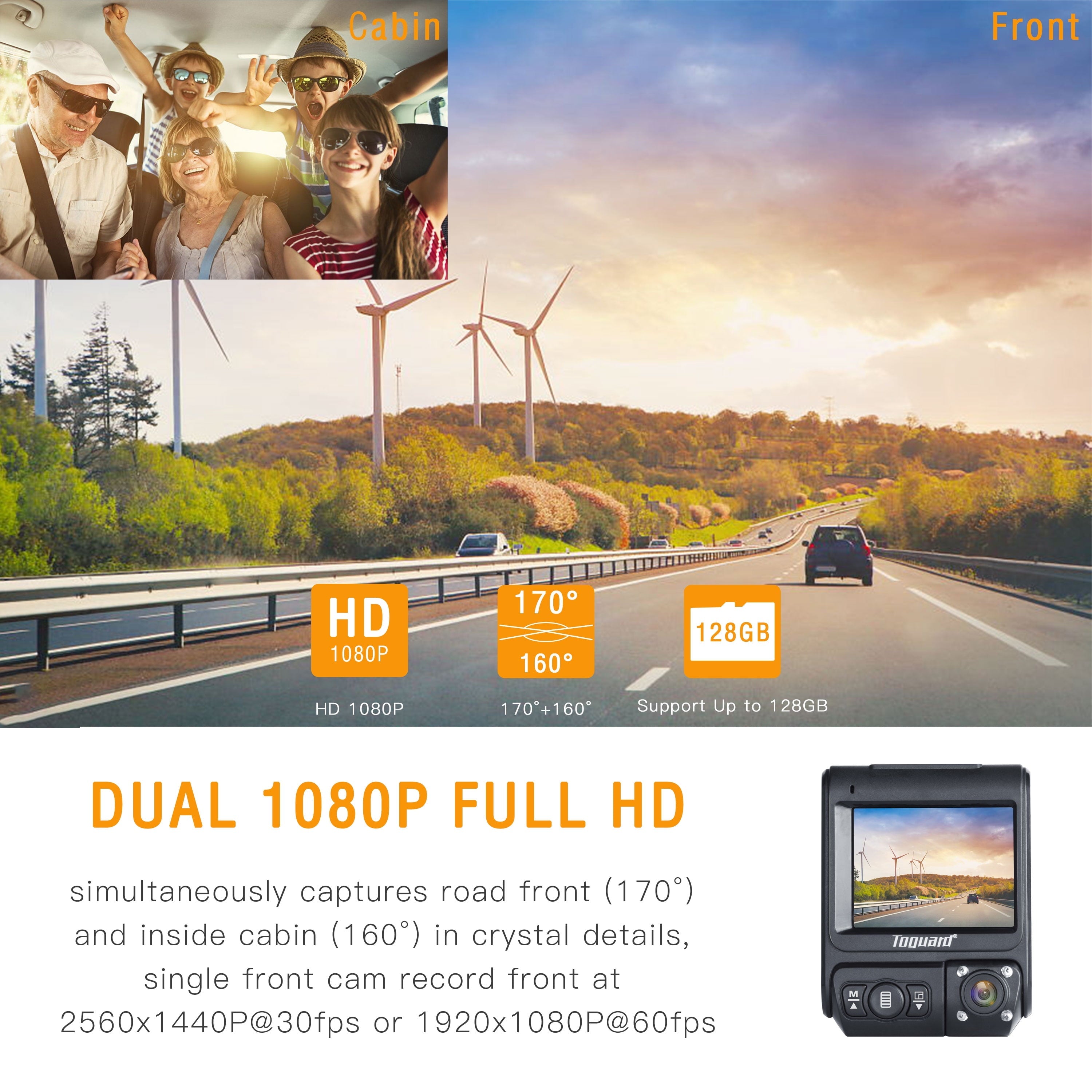 TOGUARD 1080P Dual Dash Cam Front and Inside Car Camera for Taxi with GPS, Dash Camera Driving Recorder with Infrared Night Vision Loop Recording, Parking Monitor