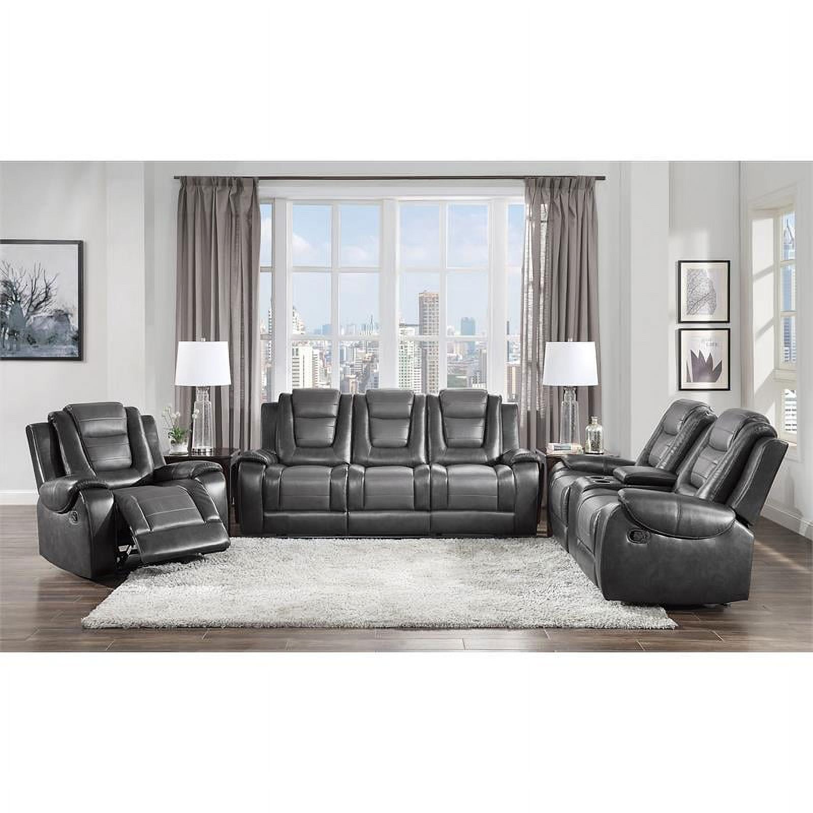 Pemberly Row Transitional Faux Leather Double Glider Reclining Loveseat in Gray