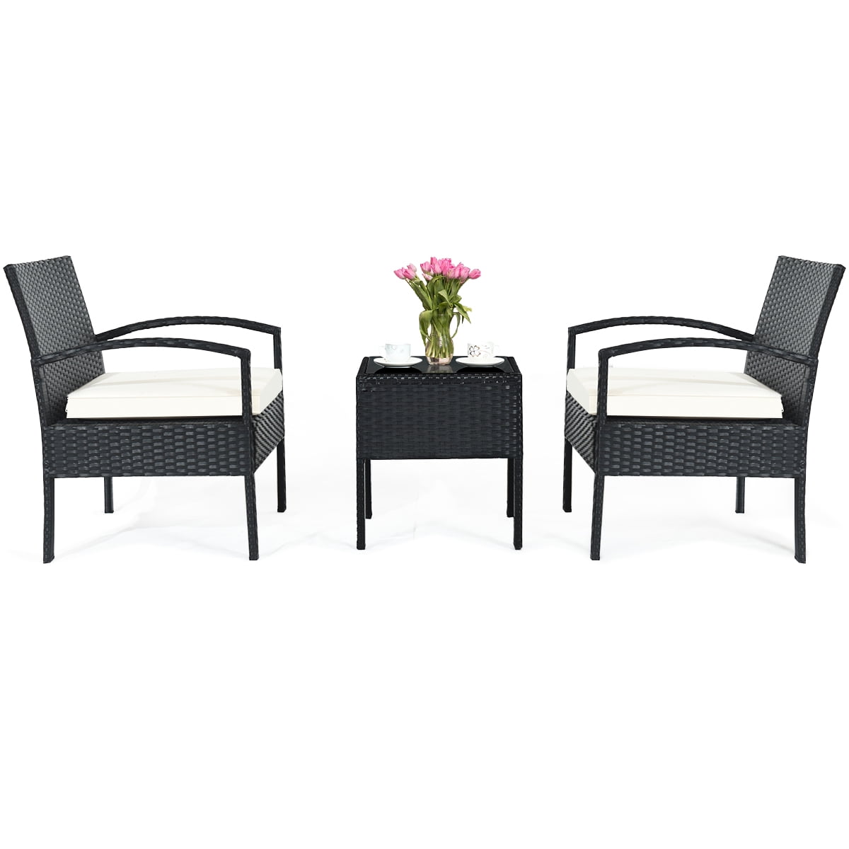 Costway 3PCS Patio Rattan Furniture Set Coffee Table & Chairs Set with Seat Cushions Garden