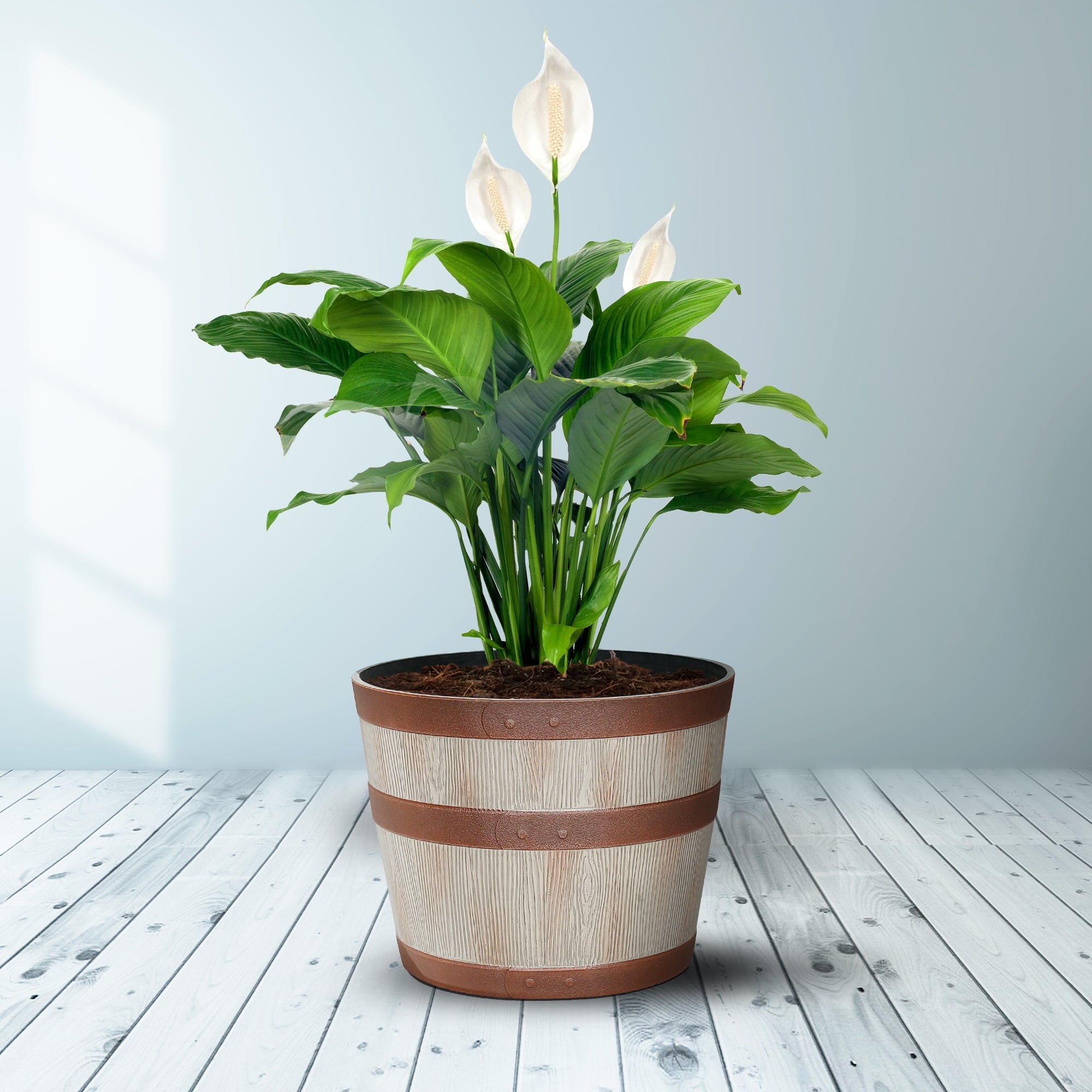 Better Homes & Gardens Whiskey Barrel Light Brown Resin Planter, 13in x 13in x 10in