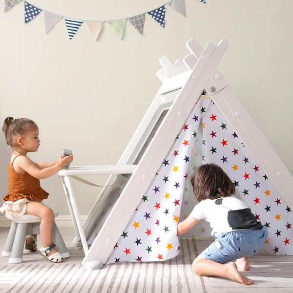 4-in-1 Kids Play Tent with Stool and Climber in Gray