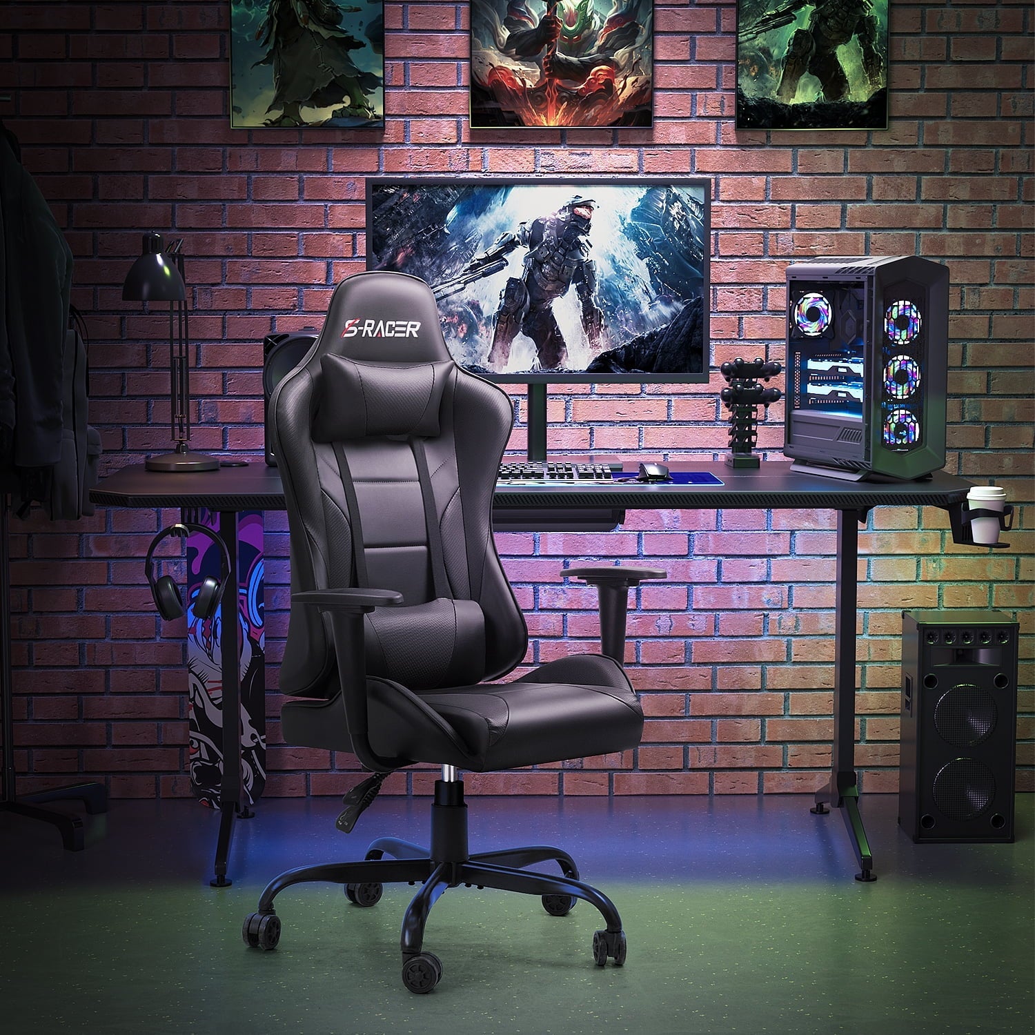 Homall Gaming Chair Office Chair High Back Racing Computer Chair PU Leather Adjustable Seat Height Swivel Chair Ergonomic Executive Chair with Headrest, Black