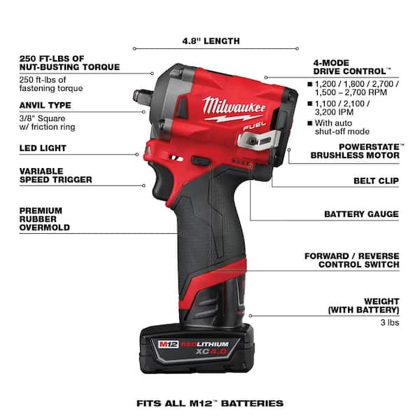 M12 FUEL 12V Brushless Cordless Stubby 3/8 in. Impact Wrench Kit with 3/8 in. Drive SAE/Metric Socket Set (43-Piece)