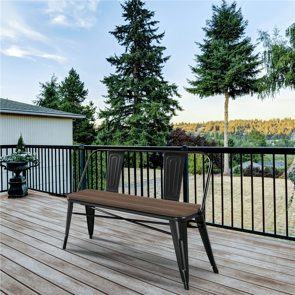 SMILE MART Industrial Metal Dining Bench with Wooden Top for Patio Kitchen Garden, Black