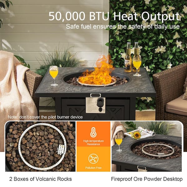 50,000 BTU Propane 32 in. Stone Metal Fire Pit Table Square Tabletop with Lava Rocks Cover