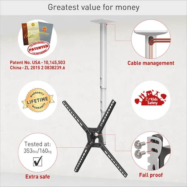 Barkan 29 in. to 65 in. Full Motion - 3 Movement Flat / Curved TV Ceiling Mount, White & Black, Telescopic Adjustment