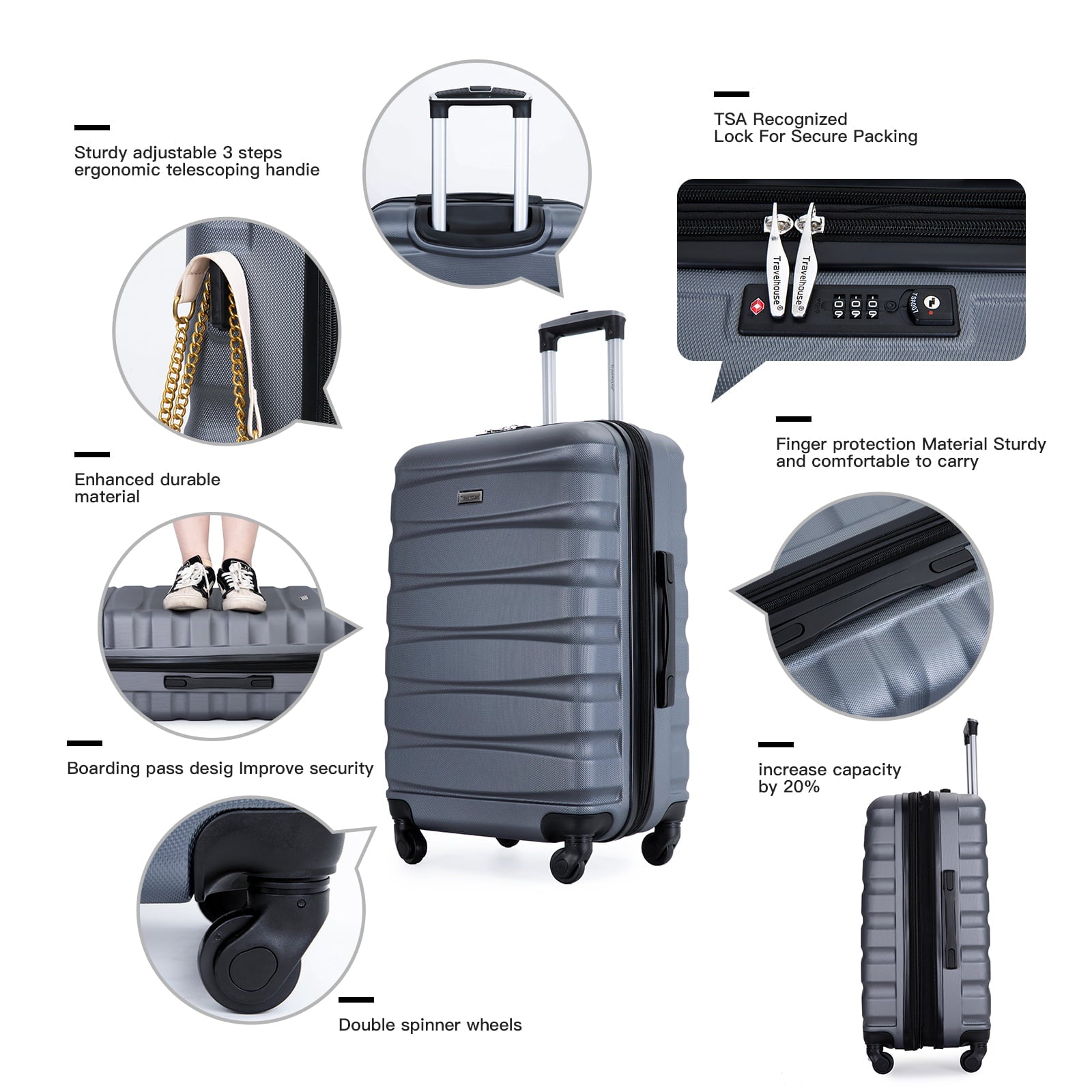 Travelhouse 3 Piece Luggage Set Expandable Hardshell Lightweight Suitcase with TSA Lock Spinner Wheels 20in24in28in.(Gray)