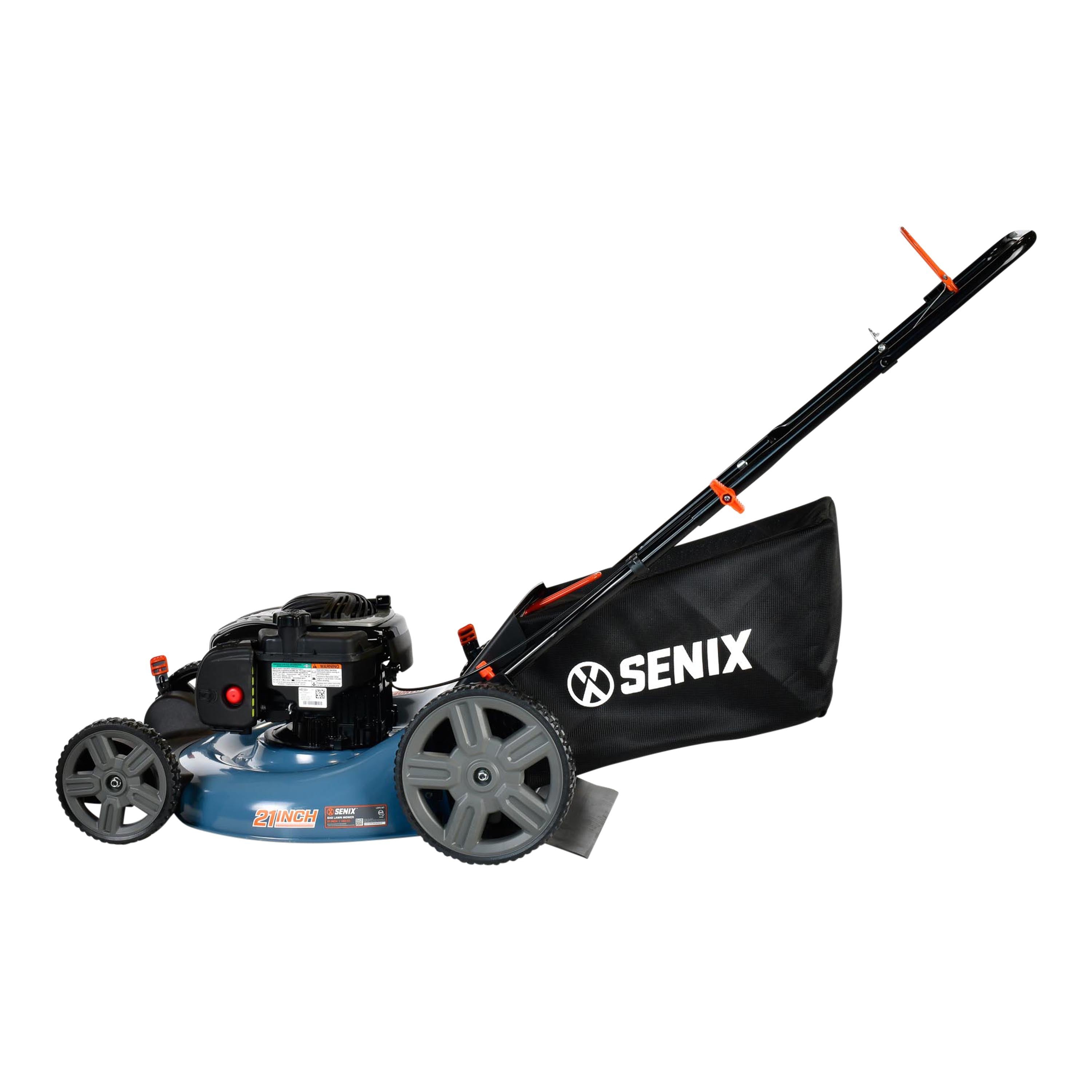 SENIX Gas Lawn Mower, 21-Inch, 140 cc 4-Cycle Briggs & Stratton Engine, 3-In-1 Push Lawnmower, 6-Position Height Adjustment with 11-Inch Rear Wheels, LSPG-M7, Blue