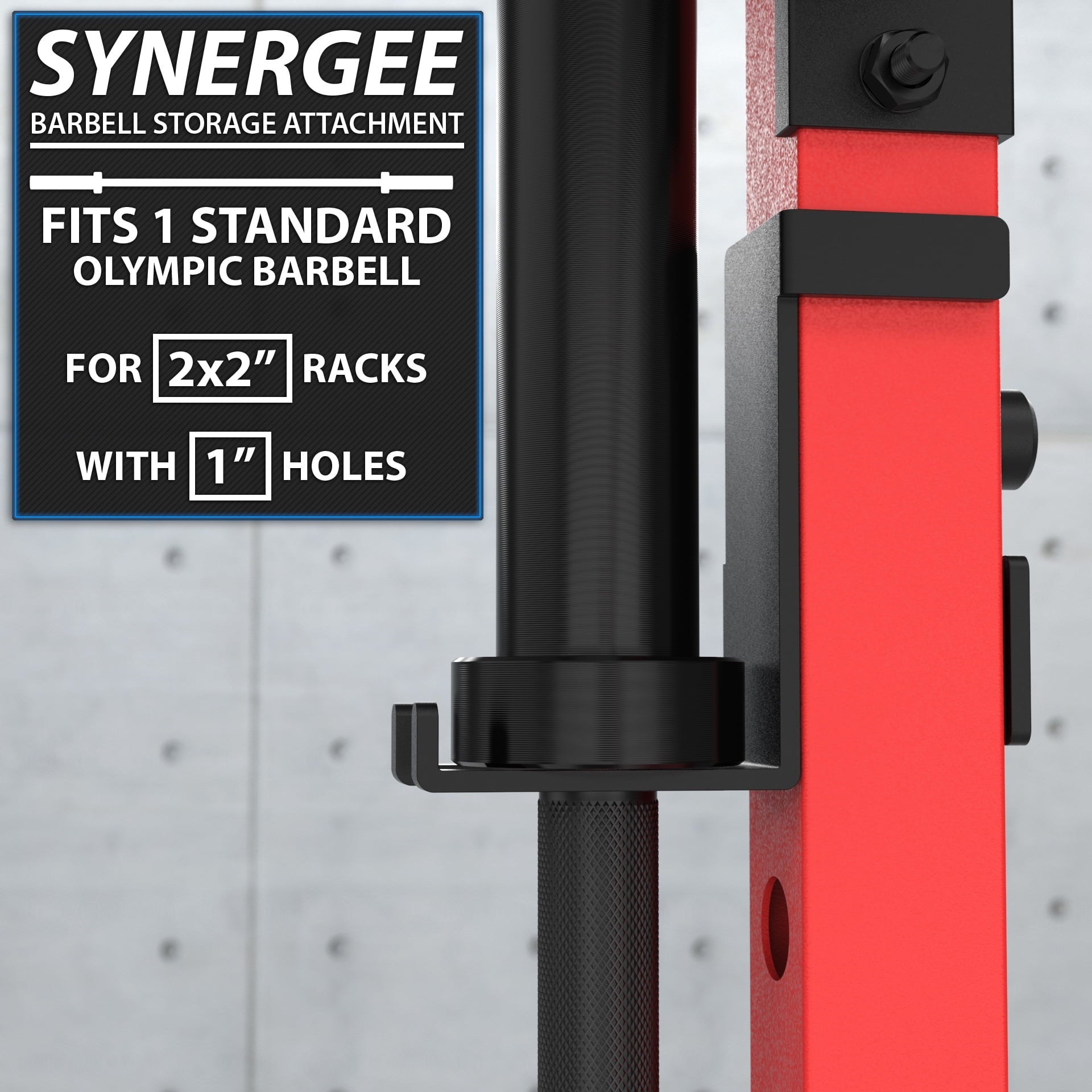 Synergee Barbell Holder Attachment for Power & Squat Racks. Compatible with 2x2 Tube Racks. Fits 2” Barbells.