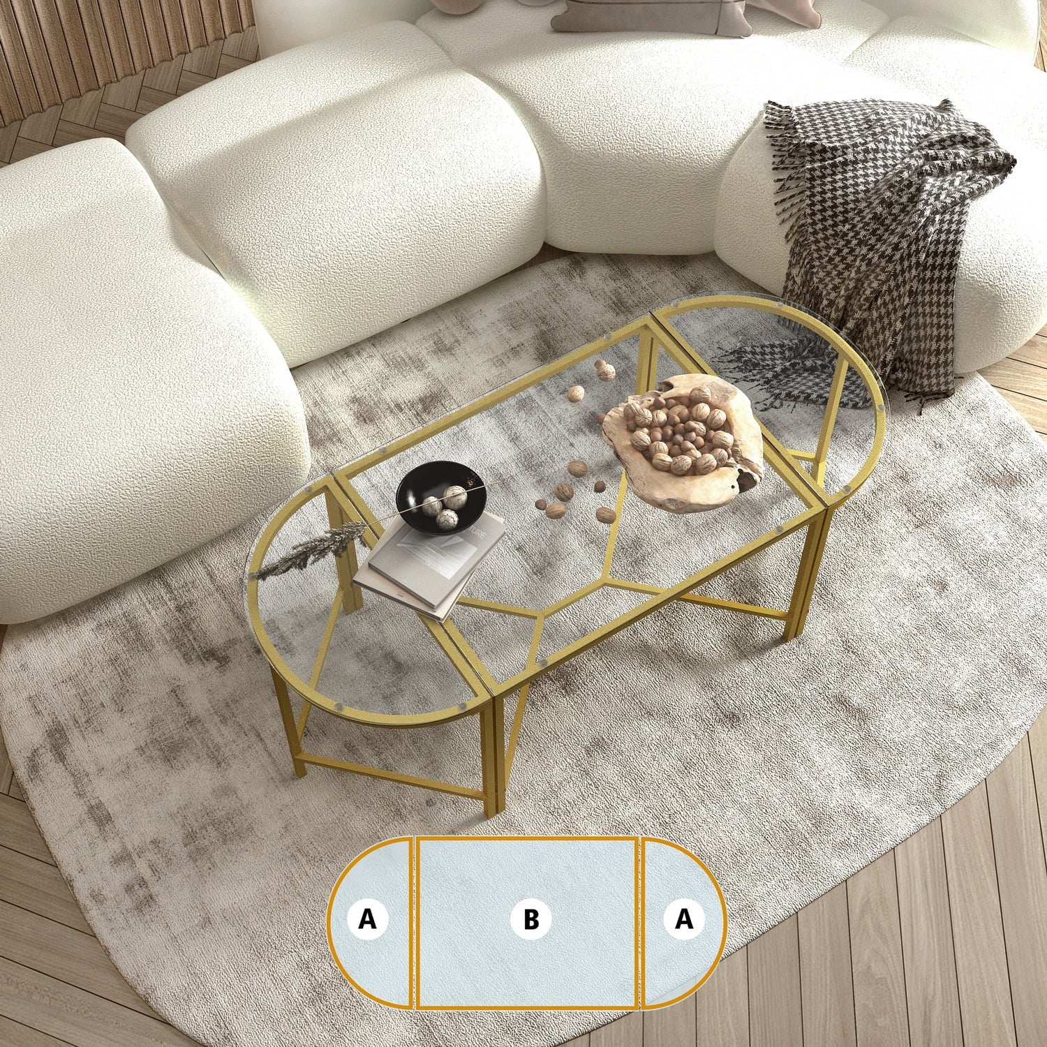 Homy Casa Glass Gold Coffee Table 2-Piece Table Set, Round Glass Nesting Table with Gold Frame for Living Room