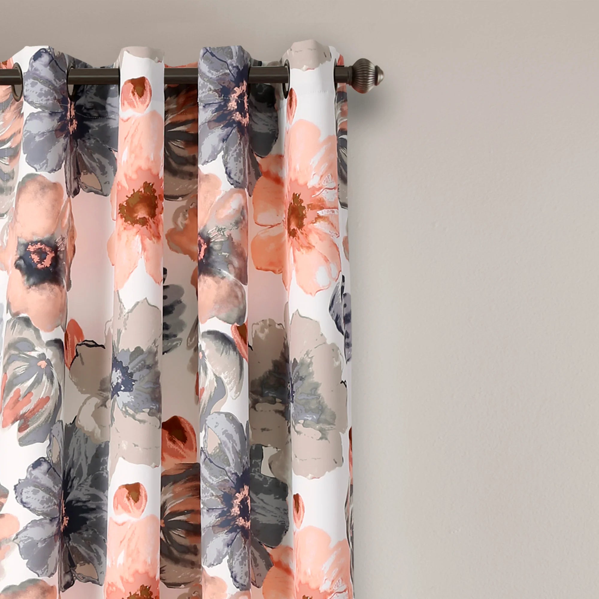 Lush Decor Leah Classic Floral Print Room Darkening Metal Grommets Window Curtain Panel, Coral/Gray, 84