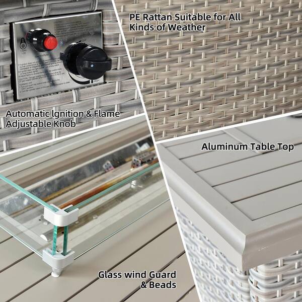 43.3 in. Beige Brown Rectangle Propane Fire Picnic Tables, Aluminum Tabletop Gas Fire Table with Glass Wind Guard