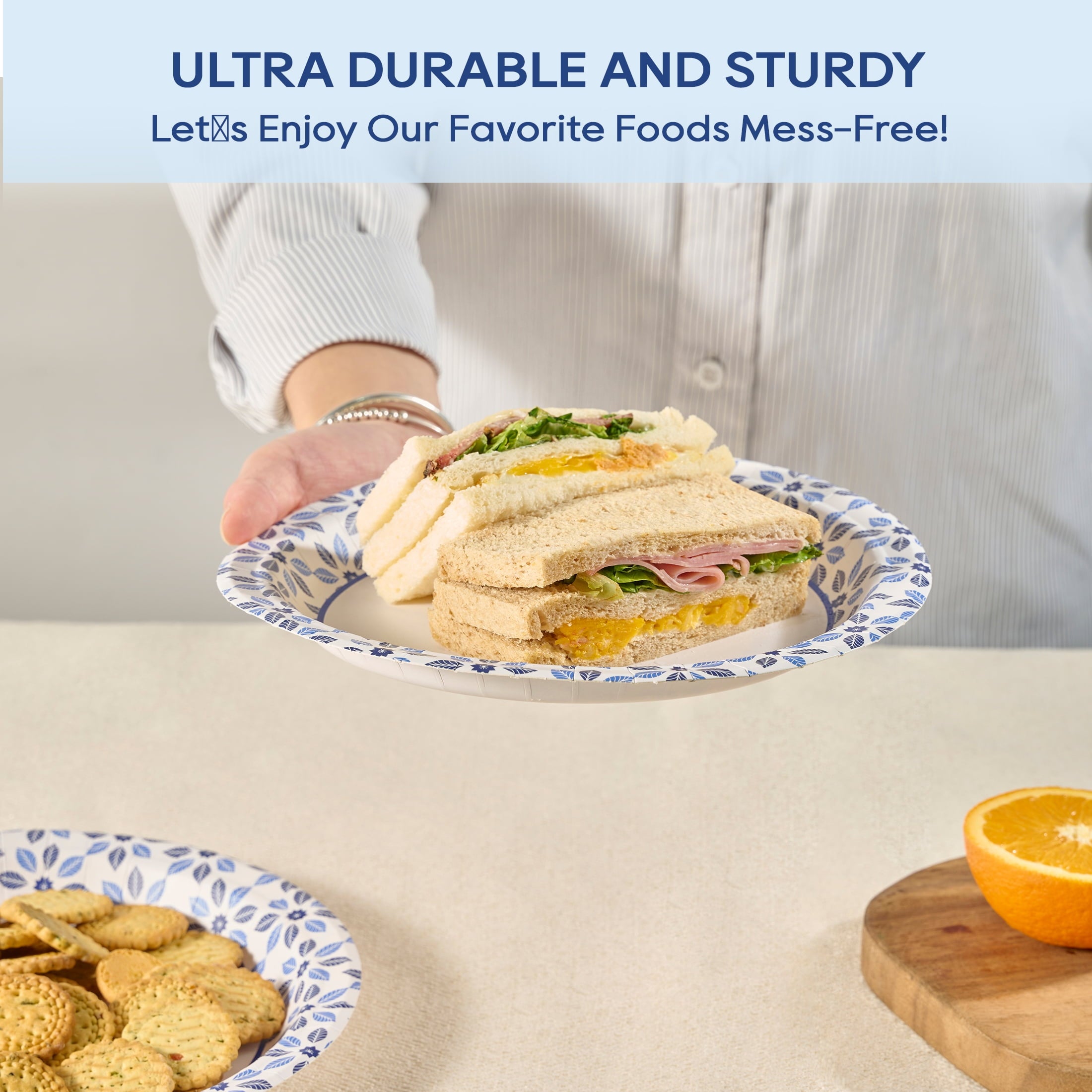 JOLLY CHEF 8.37 inch Blue Paper Plates 140 Count Heavy Duty Printed Disposable Plates