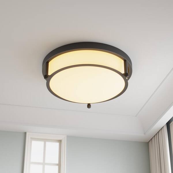 13 in. 2-Light Industrial Black Flush Mount Farmhouse Close to Ceiling Light Fixture with White Glass Shade