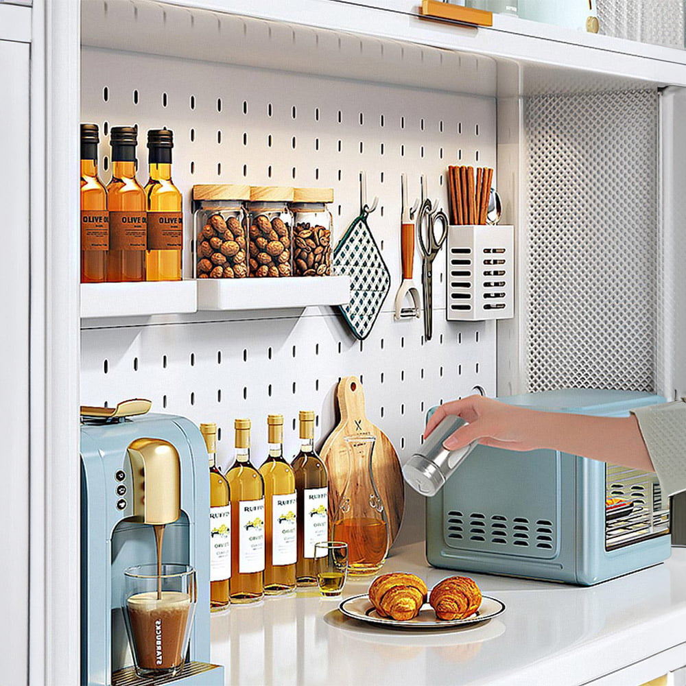 Kitchen Storage Rack, Microwave Stand with Flip Door and Pegboard, Large Kitchen Storage Shelves with Wheels & 8 Hooks, Free Standing Kitchen Bakers Rack for Garage Pantry Kitchen Home White