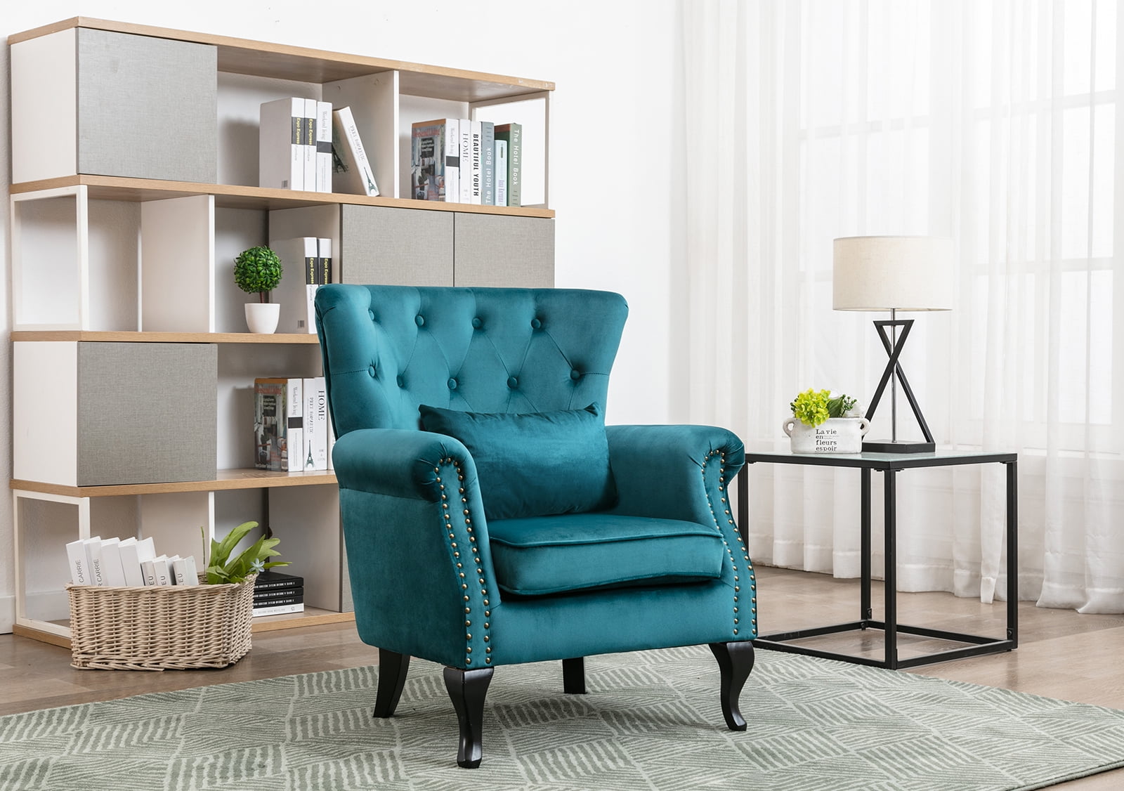 Guyou Mid Century Accent Chair Modern Button Tufted Armchair Wingback Club Chair Velvet Single Sofa Lounge Chair with Pillow for Living Room Bedroom, Teal Blue