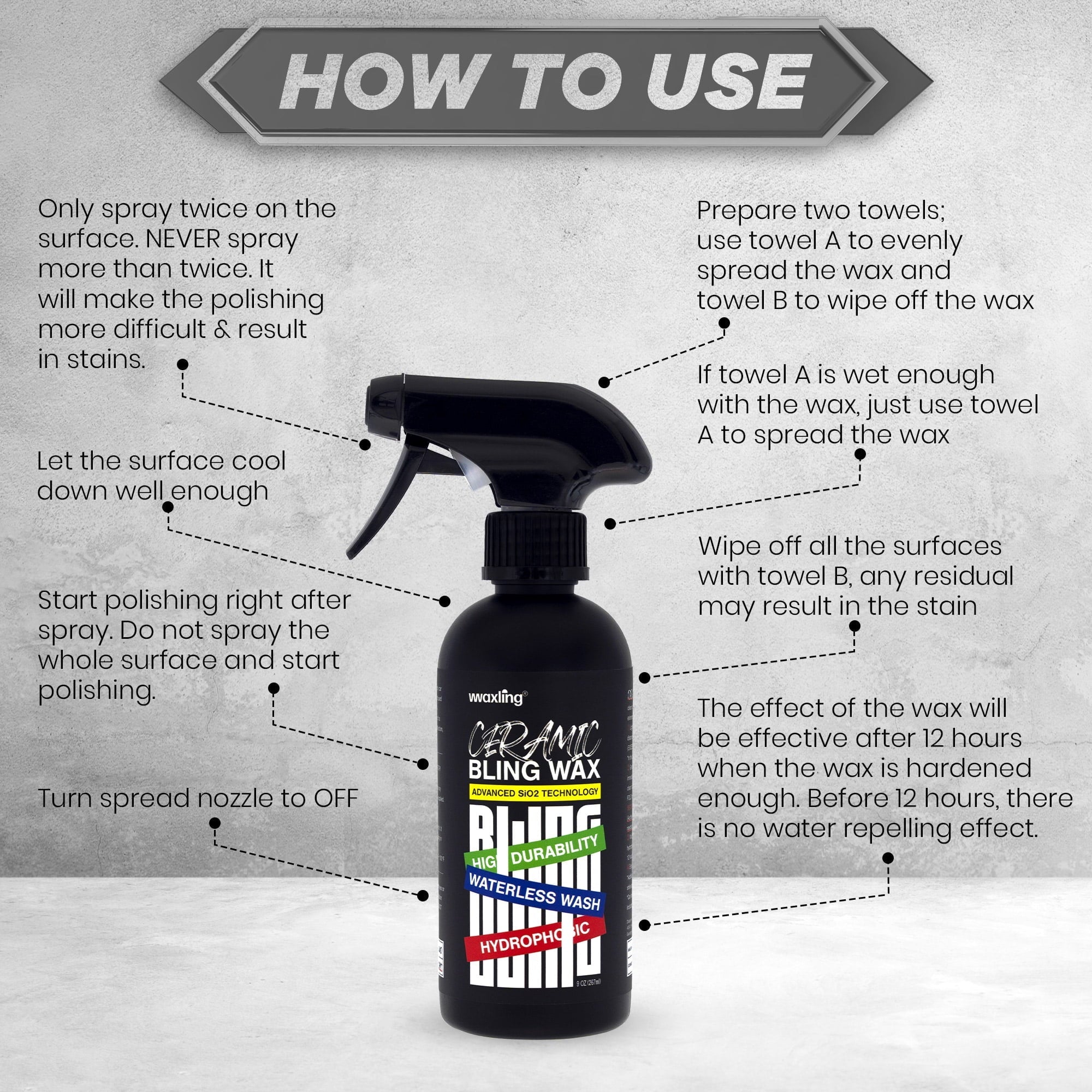 WAXLING Ceramic Bling Wax | Ceramic Coating Car Wax | Waterless Car Wash & Car Wax Polish | Hydrophobic Car Wax Spray for High Durability, Gloss, Slick | Easy & Quick