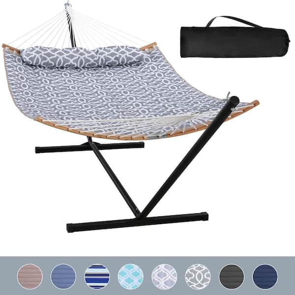 12 ft. Free Standing, 475 lbs. Capacity, Heavy-Duty 2-Person Hammock with Stand and Detachable Pillow in Gray Pattern