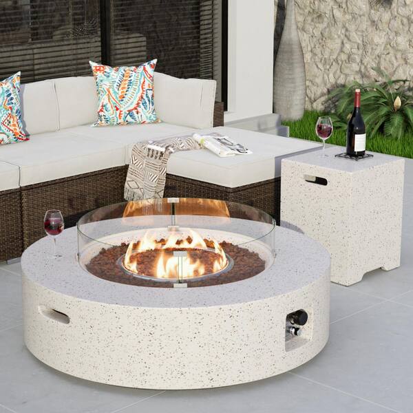 41 in. 50000 BTU Elegant White Round Composite GRFC Fire Pit Table with Glass Wind Guard and Water-Resistent Cover