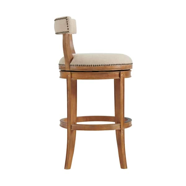 Hanover 41 in. Weathered Brown and Beige Rubberwood Swivel Bar Height Bar Stool With Cushioned Seat and Low Back