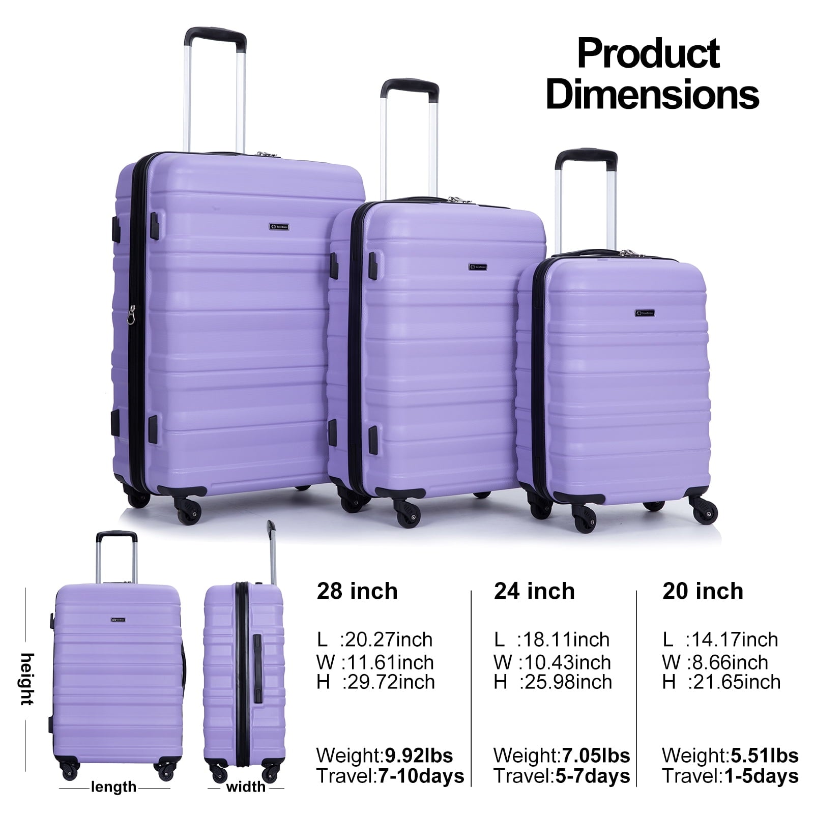 Tripcomp Hardshell Luggage Set 3-Piece Set (21/25/29) Lightweight Suitcase 4-Wheeled Travel Case(Purple)