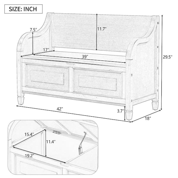 Antique Navy Dining Bench Back with Hidden Storage Space and Safety Hinge 42 in.