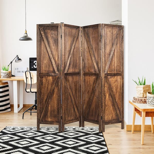 4-Panels Brown Folding Wooden Room Divider W/V-Shaped Design 5.6 ft. Tall