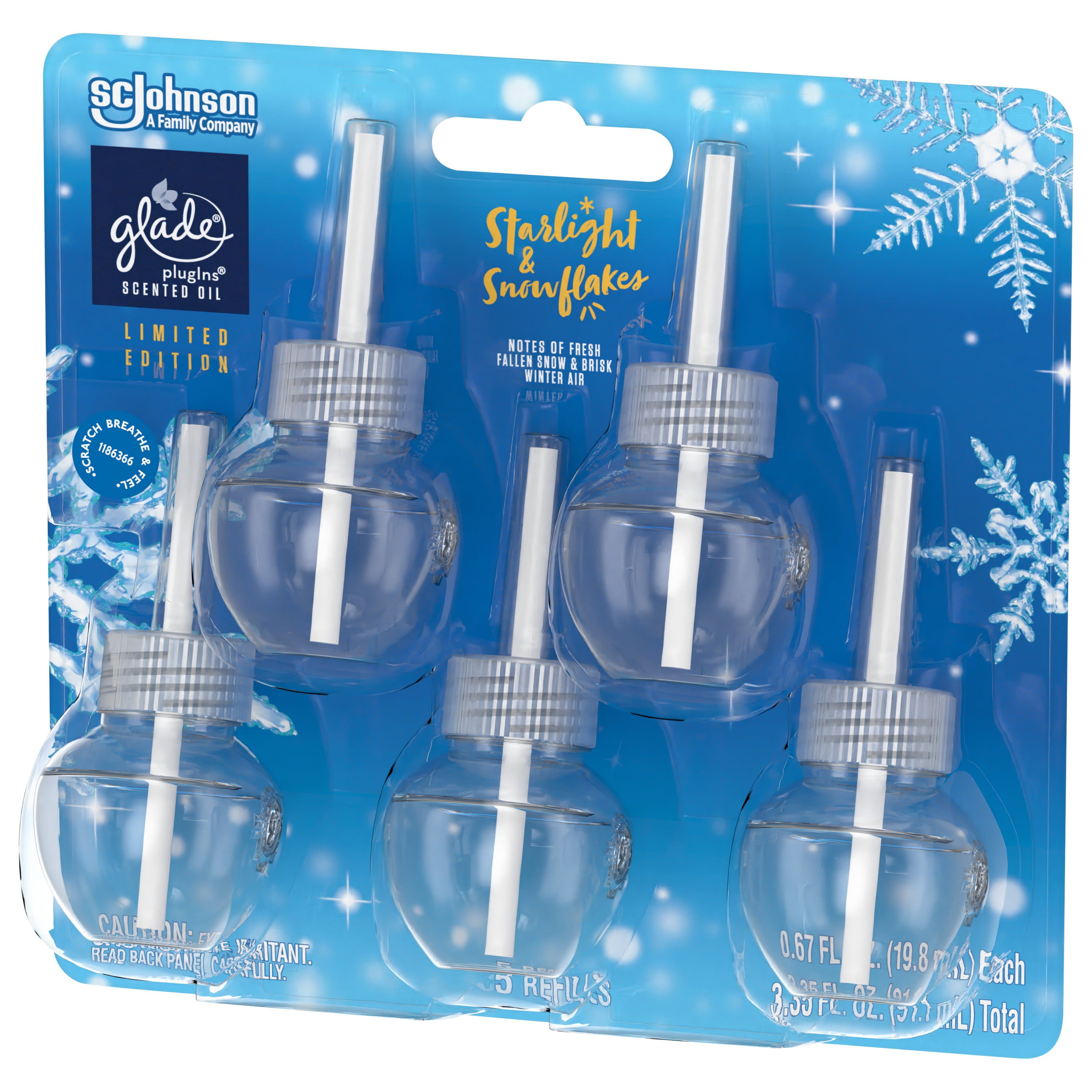 Glade PlugIns Scented Oil, Air Freshener, 5 Refills, Starlight & Snowflakes, 0.67 oz Each, 3.35 oz Total