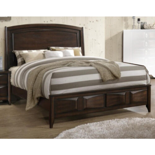 Crisp And Fine Lined Wooden Queen Bed With 3D Design On Front Board Oak Brown-