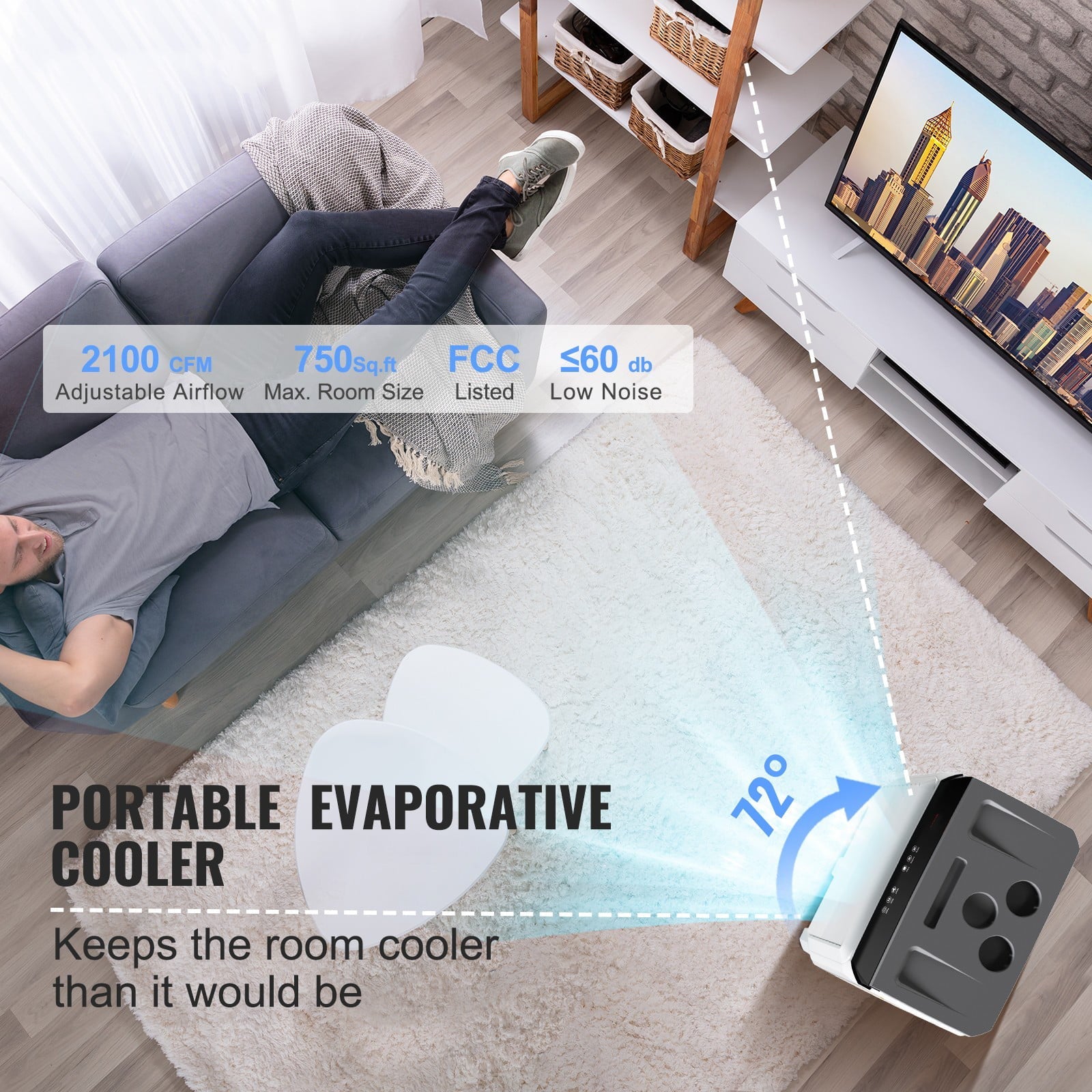 BENTISM Evaporative Cooler Swamp Cooler 3-in-1 2100 CFM 7 Gal 12h Timer Air Humidifier