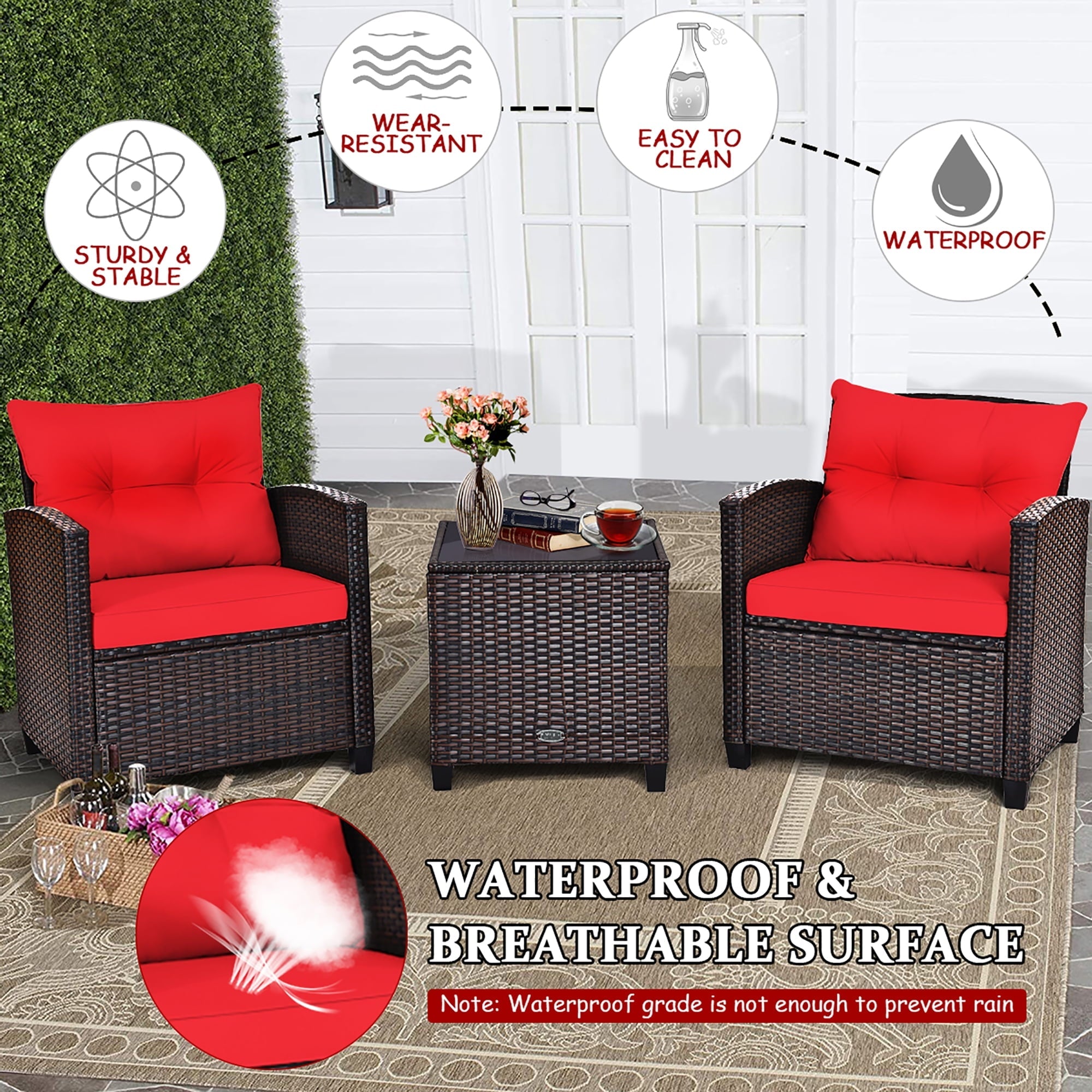 Costway 3PCS Patio Rattan Furniture Set Cushioned Conversation Set Sofa Coffee Table Red
