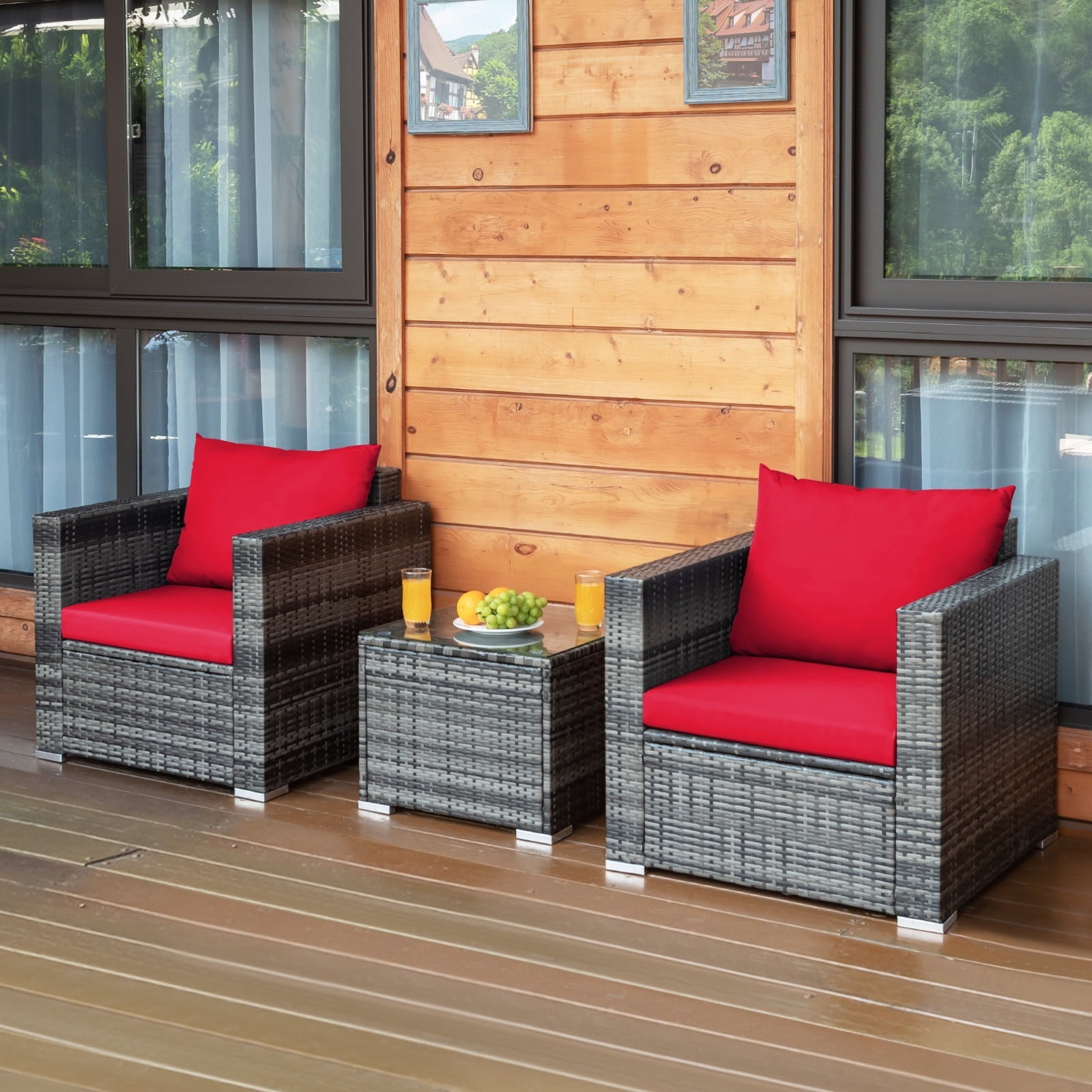 Patiojoy 3-Piece Patio Wicker Conversation Set Bistro Rattan Sofa Chair with Washable Cushion Mix Gray & Red