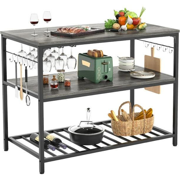 Homieasy Kitchen Island with Wine Glass Holder, Industrial Wood and Metal Coffee Bar Rack, 3 Tier Spacious Prep Table Extended Counter with Hooks Easy to Assemble, Gray Oak