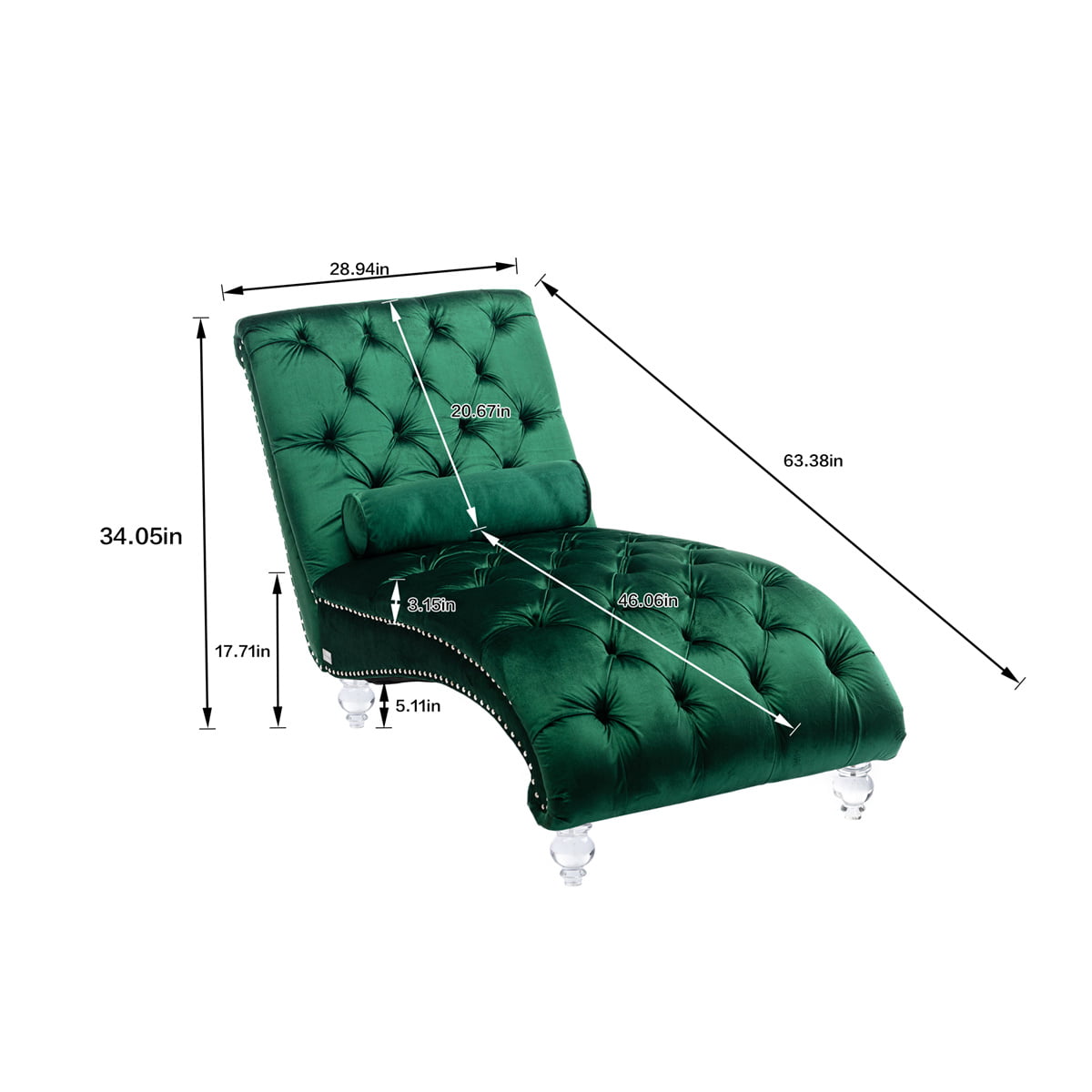 63.38'' Velvet Accent Sofa, Modern Long Lounger Leisure Concubine Sofa with Acrylic Feet & Lumbar Pillow, Chaise Reclining Lounger Barrel Sofa for Office or Living Room, Emerald