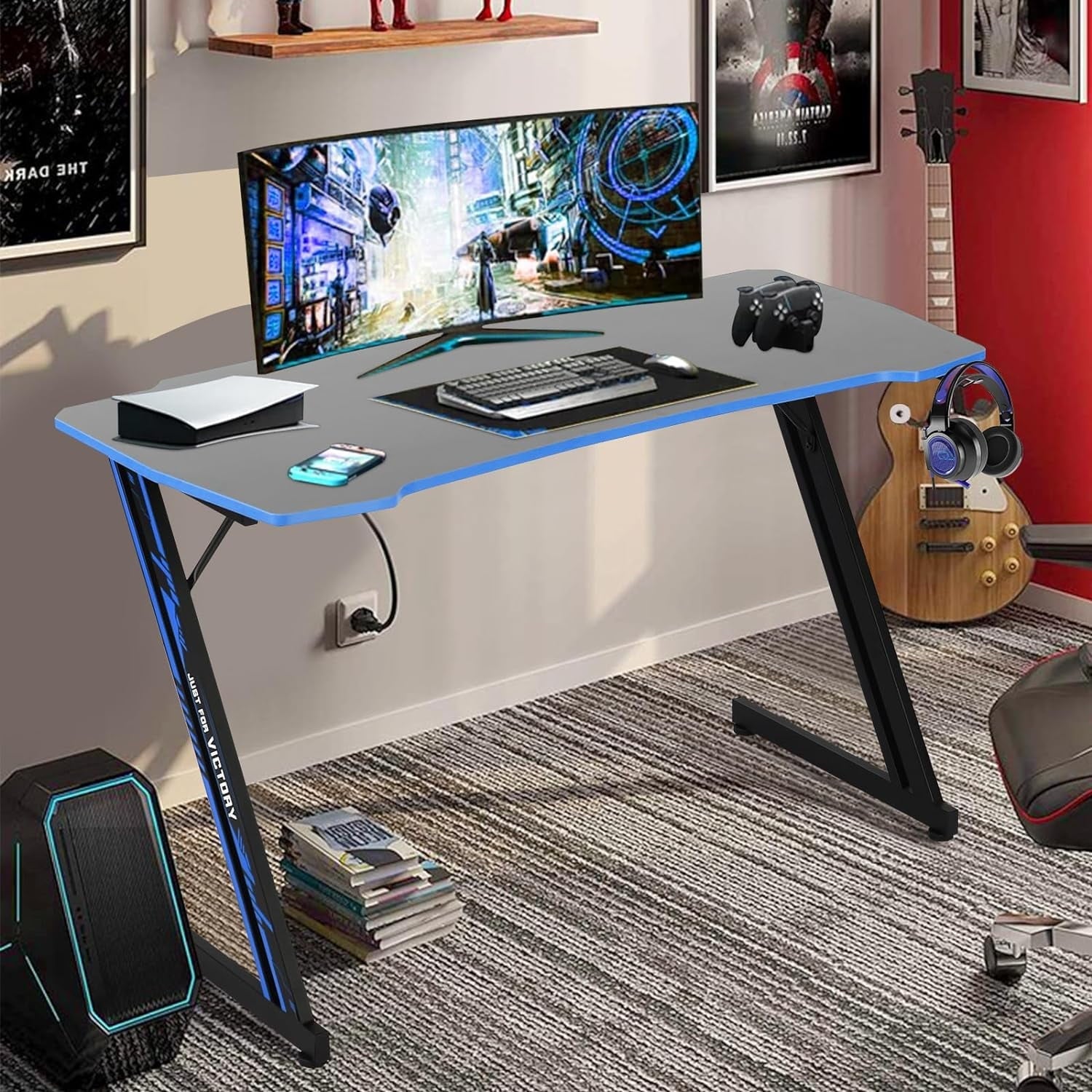 47 inch Z-Shaped Gaming Desk Computer Desk, Ergonomic Writing Office Desk Racing Style PC Gaming Table Workstation with Headphone Hook for Game Players, Red
