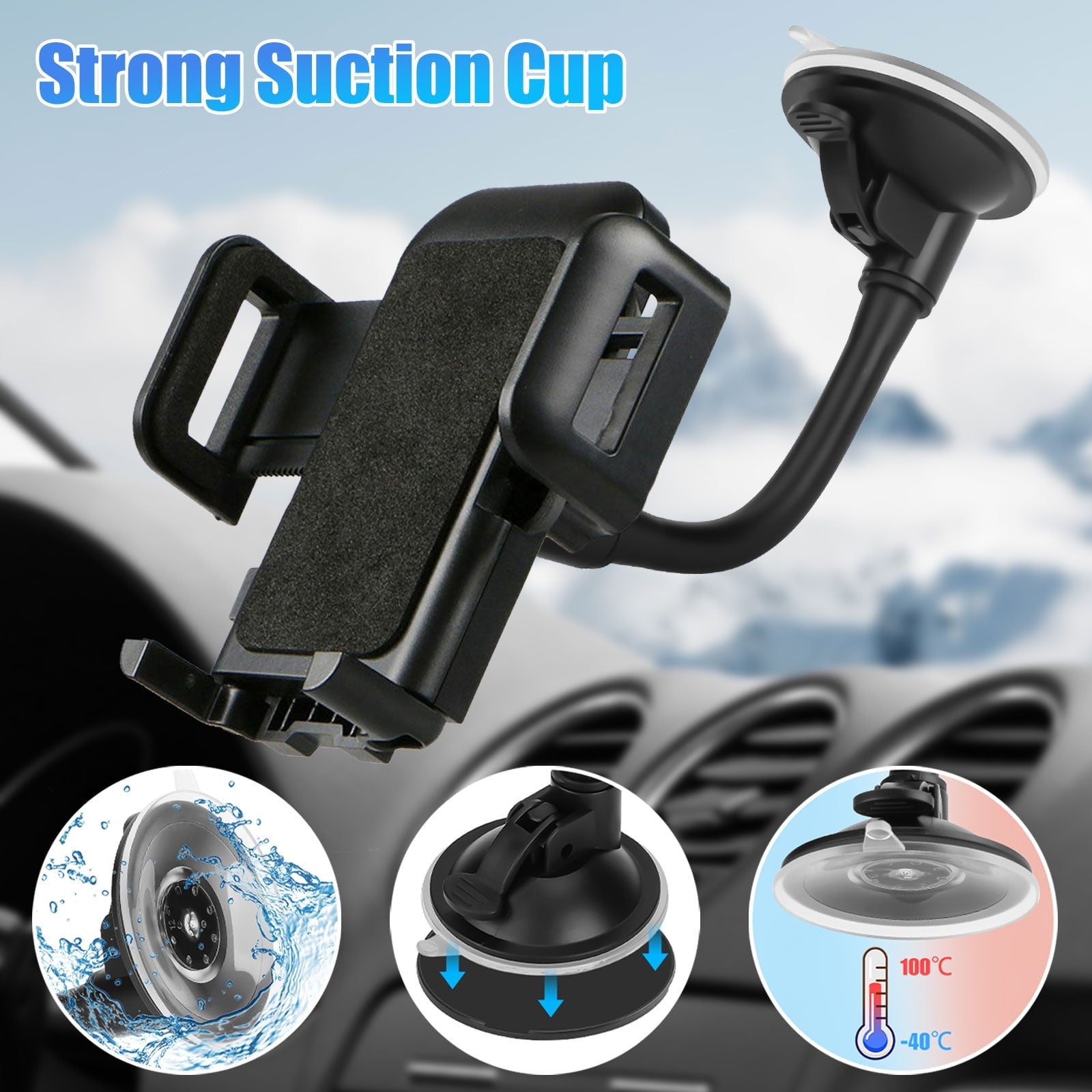 TSV Universal Car Windshield Dashboard Suction Cup 360 Degree Mount Holder Stand for Cellphones iPhone Android, Long Arm Car Phone Holder Windscreen Car Cradle