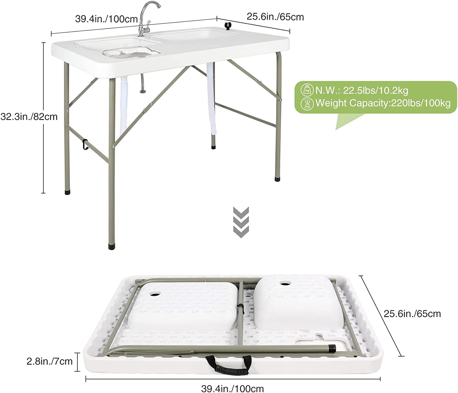 Folding Fish Cleaning Table, Outdoor Camping Sink Station with Sink & Faucet Drainage Hoses, Portable Camping Sink Table for Beach Fishing Patio Picnic