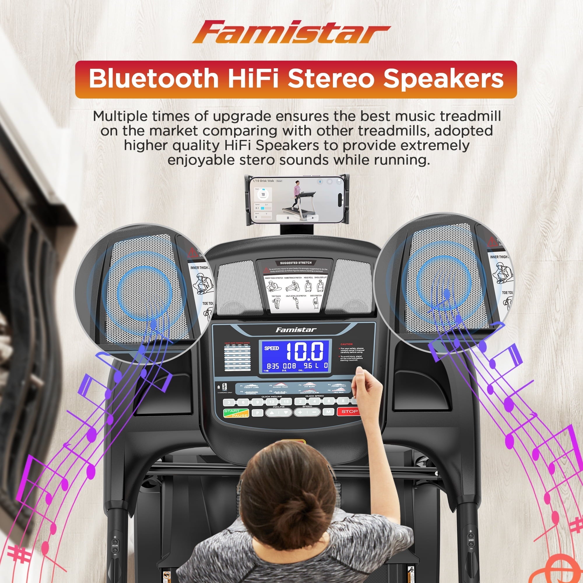 Famistar 4.5HP Folding Treadmill Clearance for Home with 15 Auto Incline, Smart APP, 300lbs, HiFi Bluetooth Speakers, 64 Programs, 10MPH Speed, Foldable EleTreadmill Running Machine, Knee Strap Gift