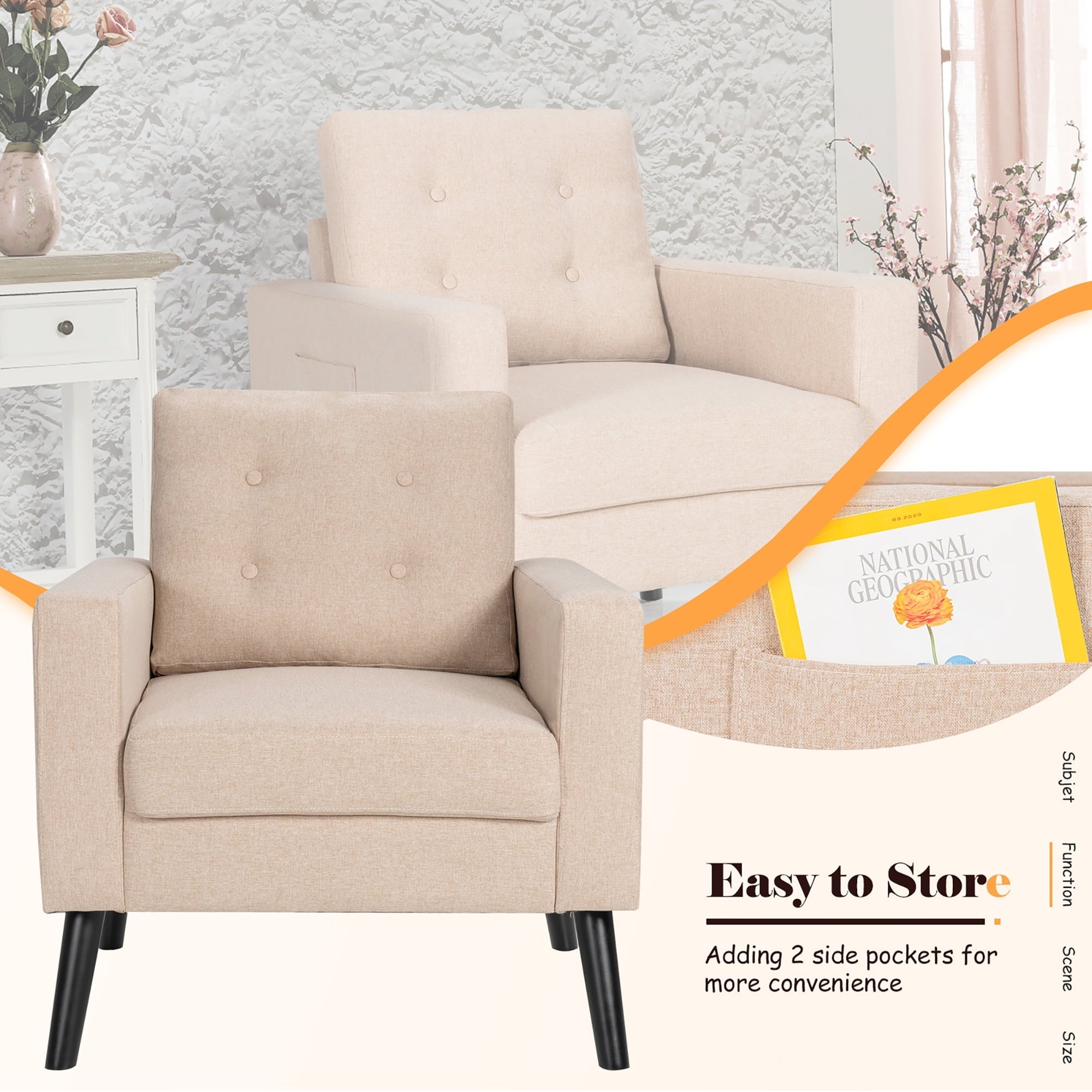 Costway Set of 2 Accent Armchairs Upholstered Single Sofa Chairs w/ 2-Side Pockets Beige